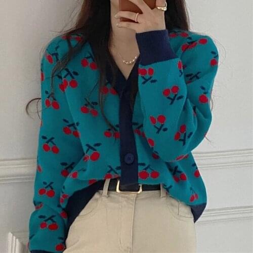 Chic Sweet Cherry Jacquard Vintage Button-up Sweater V-neck Long Sleeve Knitted Cardigan 2021 Autumn Winter All-match Coats