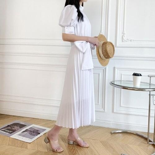 Women Bowknot Dress Puff Sleeve Pleated Dress with Lace Pleated Long Dress Stand Collar 2021 Summer Midi Dress for Holiday