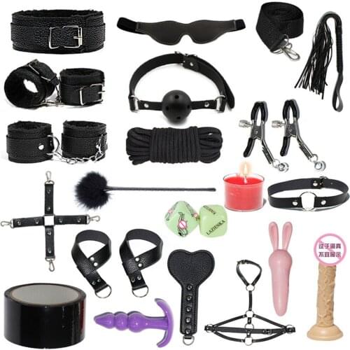 20pcs Adult Sexy Leather Bdsm Kit Sex Slave Bondage Suit Dildo Handcuffs Whip Gag Nipple Clip Vibrator Butt Plug Flirting Toy