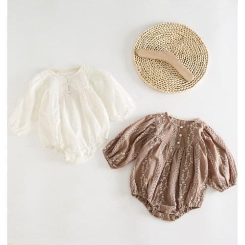2021 Summer Baby Girl Romper Newborn Retro Embroidered Jumpsuit Toddler Long Sleeve Fashion Bodysuit Children Girl Overalls
