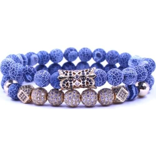 8mm 2PCS/Set gold ch354 elastic adjusted nature grey weathering agate micro pave cz zircon cubic zirconia tube Bracelet