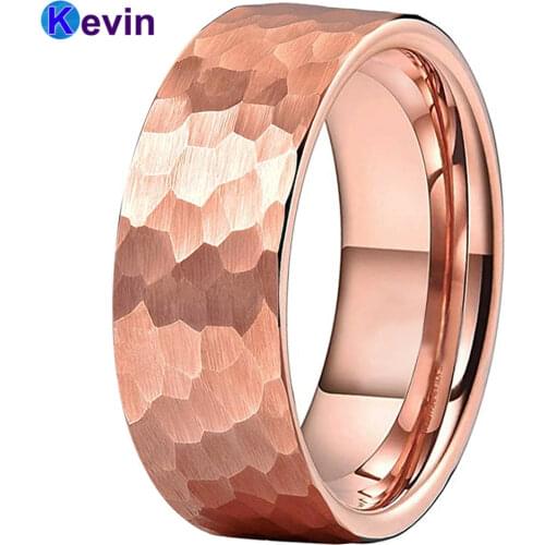 Flat Band Tungsten Hammer Ring Men Women Rose Wedding Band Multi-Faceted Hammered Brushed Finish 6MM 8MM Comfort Fit