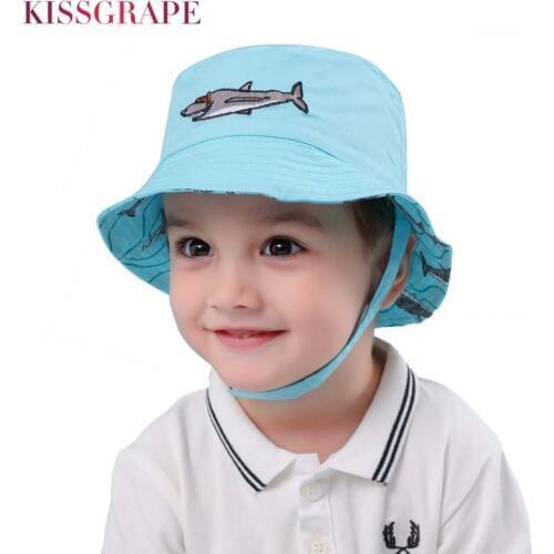 Reversible Cartoon Shark Cotton Butcket Hats for Boys 2019 Summer Baby Boys Sports Beach Hat Kids Blue Travel Caps Sun Hats 1-4Y