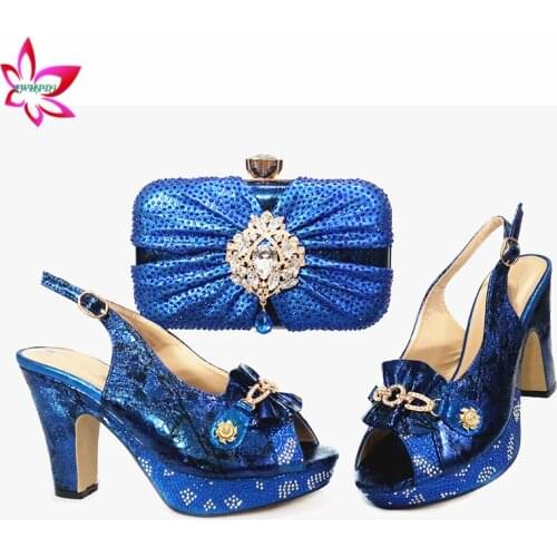 2020 Summer Newest African Design Italian Women Shoes Matching Bag Decorate with Rhinestone Italian Lady Shoes in Blue Color