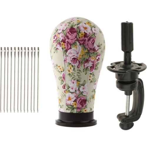 21’’Floral Cork Canvas Block Head Wig Display Styling Mannequin Head & Mount Hole+Clamp Stand+Hair Weaving Sewing Needles/Pins