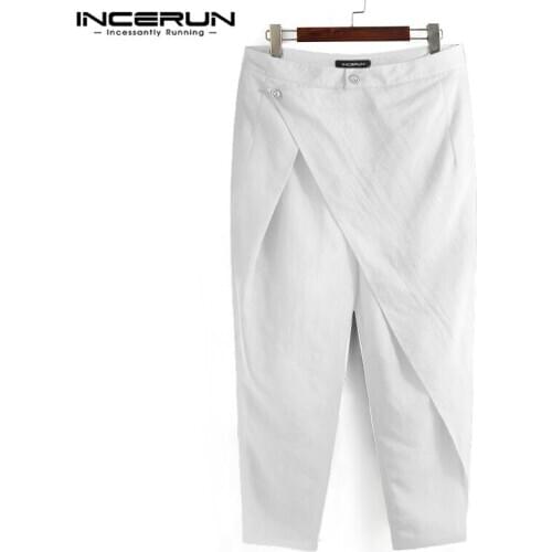 INCERUN Men Casual Pants Solid Color Button Up Suit Trousers Fashion Irregular Loose Pantalones Man Leisure Zipper Pants S-5XL