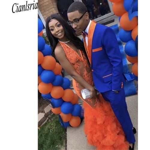 Blue Orange Color Contrast Mens Tuxedos And Women Prom Dress Men Business Pants Suit Tailored Wedding Suits Couple Party Wear