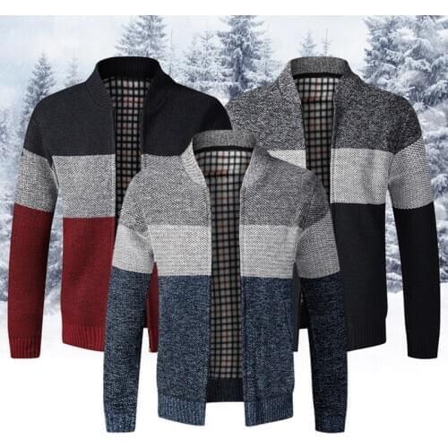 2020 Autumn Men Sweater Coat Color Patchwork Cardigan Sweater Men Clothes Knitted Outerwear Stand Collar Zip Up Sweater Jacket