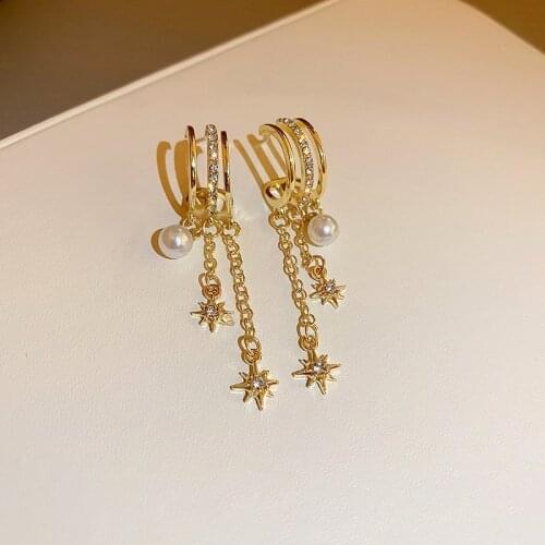 2021 New Fresh Fashion Crystal Star Modelling Trend Drop Earrings Contracted Long Tassels Geometric Double Senior Women Earrings