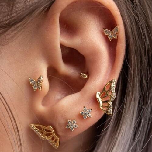 Original Zircon Half Of Butterfly Stud Earrings Set For Women 2021 Tragus Helix Earrings Jewelry Boucles d’oreilles 3 Pair/Pack