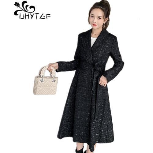 UHYTGF Fashion Wool Coat Womens Slim Belt Turndown Collar Coats Ladies Korean Autumn Winter Warm Faux Wool Liner Outerwear X659