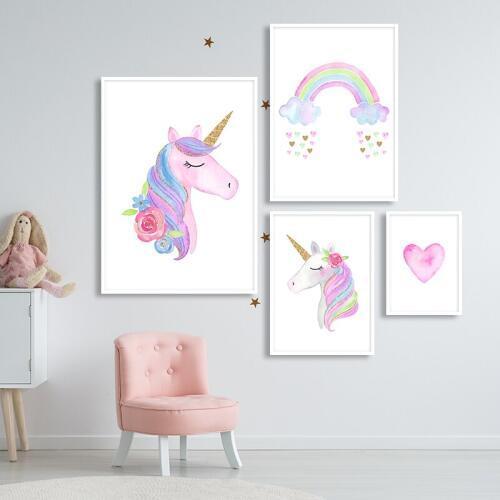 Cartoon Colorful Rainbow Unicorn Canvas Poster Nordic Style Art Print Painting Baby Decorative Pictures For Bedroom Kids Room