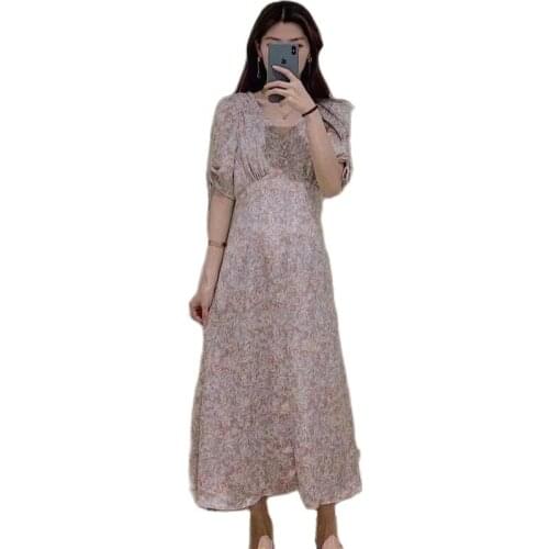 Womens Spring/Summer 2021 retro small floral V-neck short-sleeved bowknot dress