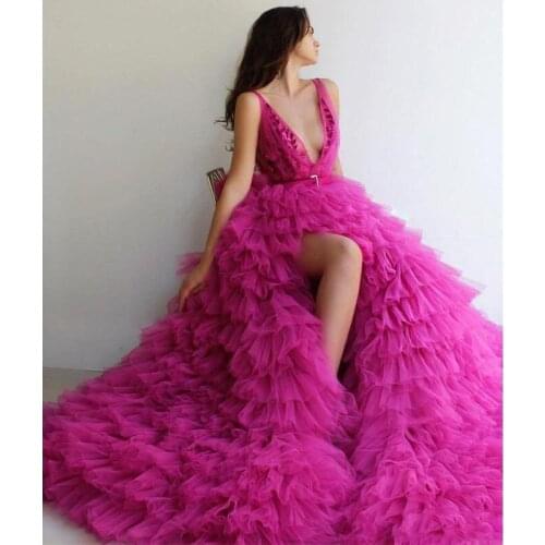 Lush Party Dresses vestido de festa longo Floor-Length Prom Gown Fuchsia Sequin Layered Evening Gown With Belt Side Slit Custom
