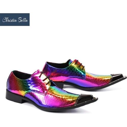 Christia Bella Fashion Multicolor Laser Genuine Leather Men Oxford Shoes Lace Up Dress Shoes Male Pointed Toe Party Brogue Shoes