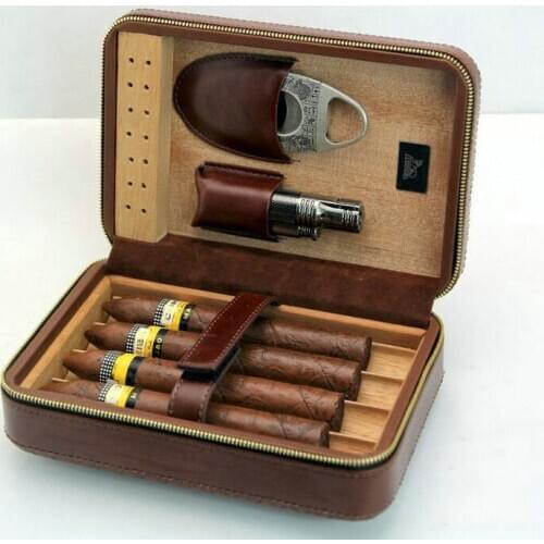 Outdoor Portable 3 Sticks Leather Cigar Box Cedar Wood Woven pattern Zipper design Men Gadget Humidifier Smoking travel Gift