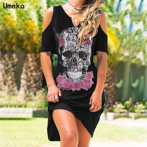 Umeko Fashsiualy Skull Printed Summer Dresses Ladies Womens Summer Dress V-Neck Strapless Elegant Knee-Length Dresses Mini Robe