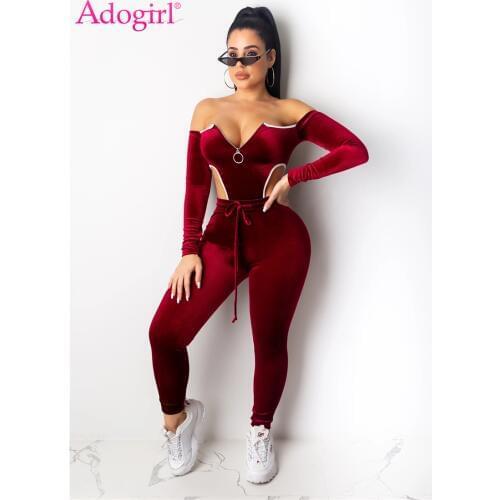 Adogirl Christmas Velvet Two Piece Set Women Tracksuit Zipper Off Shoulder Long Sleeve Bodysuit + Pencil Pants Fashion Suits