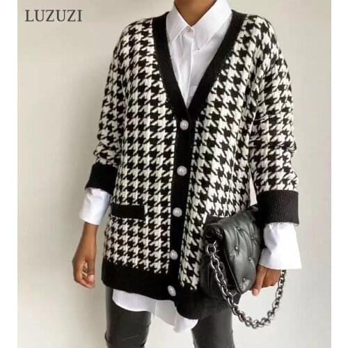 LUZUZI Autumn Lazy Style Knitted Houndstooth Cardigan Women 2021 Winter Loose Oversized V-Neck Long Sleeve Sweater Coat Jacket