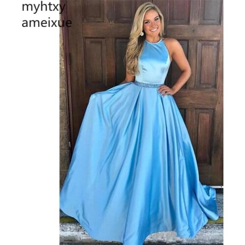 Modest Sleeveless Halter Cheap Blue Plus Size Evening Gowns Long Formal Prom Dress 2021 Fiesta Celebrity Gowns Robe De Soiree