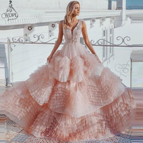 Abendkleider Puffy Tiered Prom Dresses Red Carpet Gowns Pink V Neck Formal Evening Dresses Long Party Dress 2020 Robe de soirée