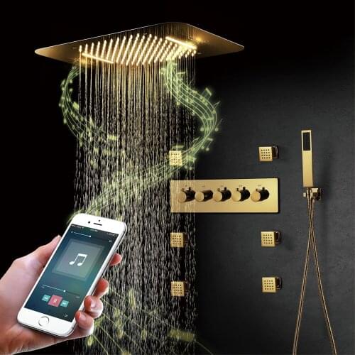 Ti -PVD Gold Music Shower Systems Rain LED Shower Head Tap Waterfall Bathroom Faucet Thermostatic Concealed Mixer Shower Speaker