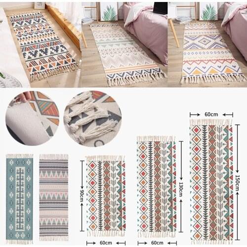 1pcs Retro Woven Cotton Linen Carpet Rug Bedside Rug Geometric Floor Mat Living Room Bedroom Carpet Home Decor