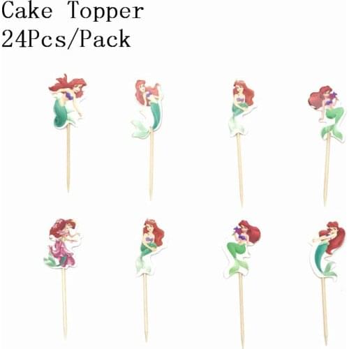 24pcs/pack Mermaid Theme Happy Birthday Party Cake Topper Kids Favors Decorate Cupcake Toppers With Sticks Baby Shower Supplies