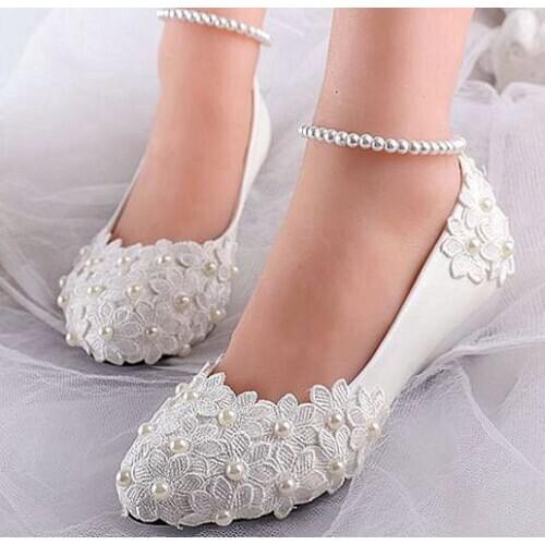 3CM wedged heel lace pearls wedding pumps shoes for bridal handmade ankle elastic beading straps brides shoes bridesmaid pumps
