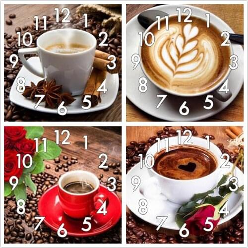 Full Diamond Painting Cross Stitch Scenery Coffee With Clock Mechanism Mosaic 5D Diy Square Round 3d Embroidery Gift HM141