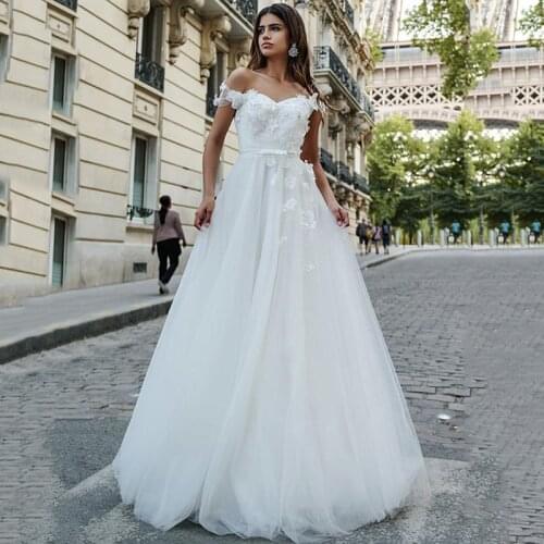 White Off the Shoulder Wedding Dresses A-Line Lace Up Back Bride Dress Wedding Gowns With Belt robe de mariee