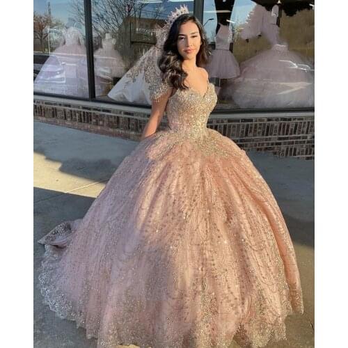 Sparkly Champagne rose Quinceanera Dresses Sequin Lace Ball Gown Prom Dresses Sweetheart Sweet 16 Dress Long Formal Dress