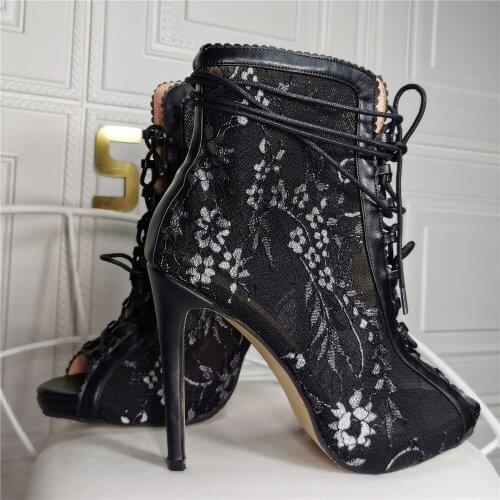 Elegant woman flower black lace up high heel boots peep toe black lace flower lace up high top sandal ankle boots real photos