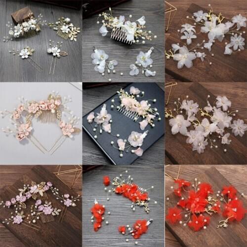 Elegant White Pink Flower Bridal Hair Combs Headdress Prom Wedding Hair Accessories Gold Leaves Hair Jewelry Pearl Hair Pins