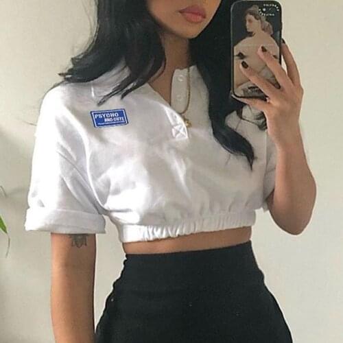 SEASONS Letter Embroidery Crop Top Short Sleeve T Shirt Women Turn Down Collar Pullovers Women White Ruched Tee Tops ASTS82852