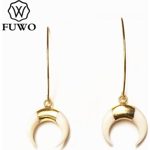FUWO Natural White Shell Crescent Earrings with Gold Trimmed Elegant Unique Double Horn Shape Drop Earrings For Women ER543