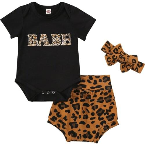 3pcs Baby Girls Boys Clothes Sets Letter Leopard Printed Short Sleeve Romper Shorts Headband