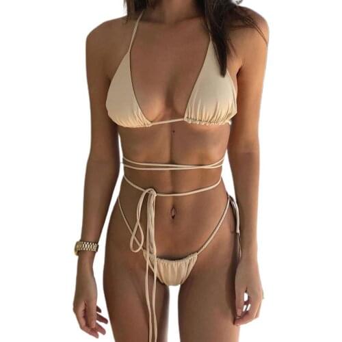 Bikini Set Women Swimwear Bandage Halter Drawstring Bra Low Cut Thong Bikini Suit Bathing Suit Summer 2021 Beach Wear Swimsuit