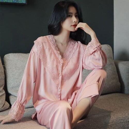 Lace Pajamas Suit V-Neck Satin 2PCS PJS Sets Women Outfits Sleepwear Button-down Comfy Nightwear Pyjamas Femme Home Clothes