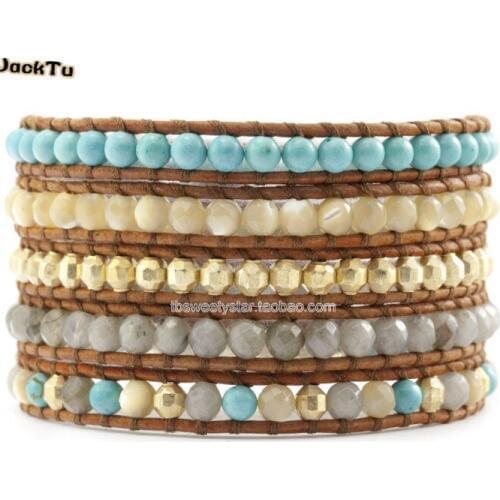 Labradorite stone mixed pyrite leather wrap bracelet as gift