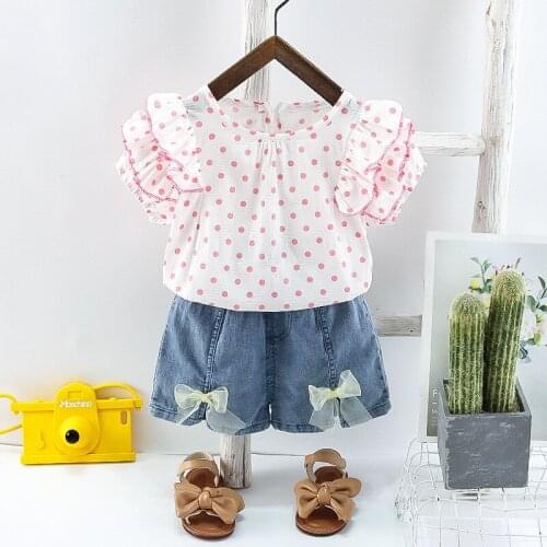 Summer 2021 Toddler Girl Outfits 1 2 3 4 5 Years Baby Girl Clothes Set Dot Lace Sweet Short Sleeves Bow Pants Cute Princess Suit
