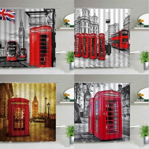 European Style Retro London Big Ben Red Tram Telephone Hall Scenery Shower Curtains Old Newspaper Bathroom Screen Bath Curtain