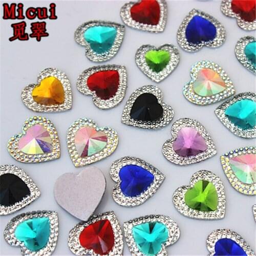 Micui 100PCS 16mm Heart Resin Rhinestones Appliques Flat Back Beads Crystal Stone For Clothes Crafts Wedding Scrapbook DIY ZZ472