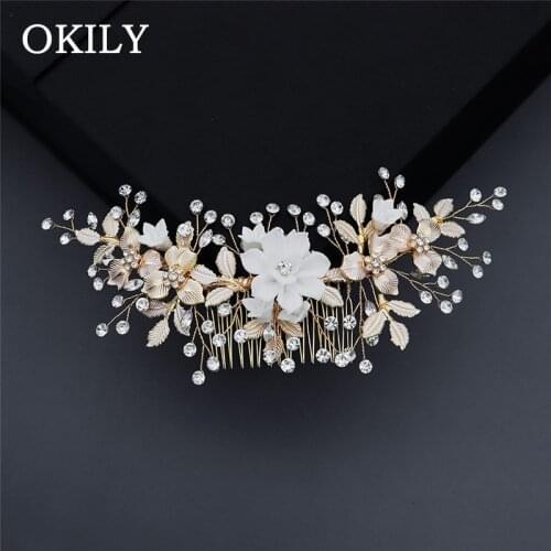 Fashion Bride Handmade Polymer Clay Flower with Crystal Hair Comb Wedding Alloy Leaf Headdress Bride Head Piece Ornaments