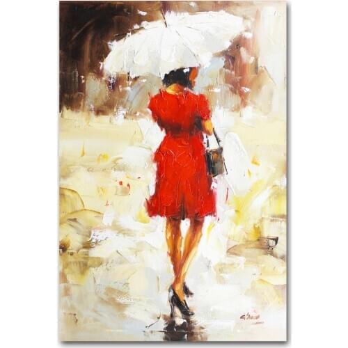 Muzagroo Art Hand Painted Girls Back in Rain View Oil Painting Modern Wall Art for Living Room Handmade Romantic Canvas Art