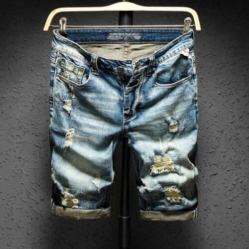 2021 Summer Mens New Style Ripped Denim Shorts Retro Loose Knee Length Short Jeans Classic Hole Mid-Waist Short Pants