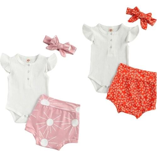 0-18M Cute Infant Baby Girl Clothes Fly Sleeve Button White Solid Knitted Romper+Sun/Floral Print High Waist Shorts 3pcs