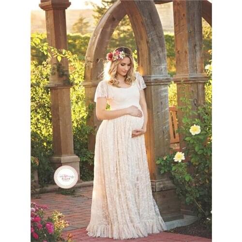 Women Evening Party Lace Dress Short Sleeve O-Neck Ankle-Length Pregnant Dress Photography Props Tailing Pregnancy Dress