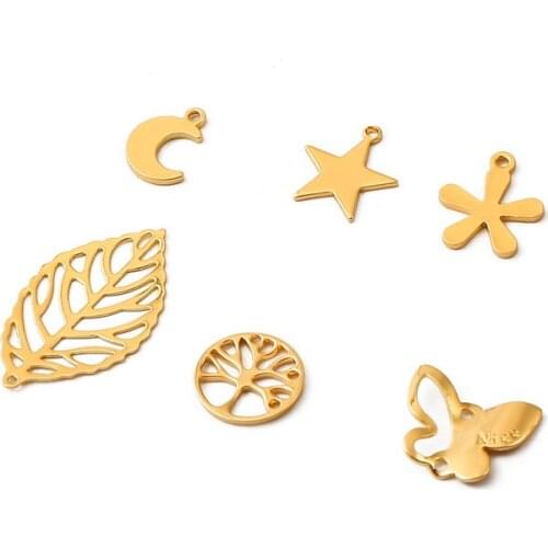 18K Gold Copper 5Pcs 8-27mm Small Charms Starfish Moon Leaves Butterfly for Jewelry DIY Making Necklace Pendant Findings