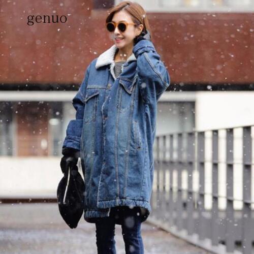 Plus Size Denim Trench Coat For Women Lambswool Windbreaker Loose Keep Warm Coats Female Oversize Clothes Korean New